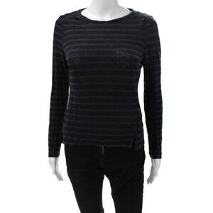Frame Shirt Womens Black Linen Striped Long Sleeve T-Shirt Size S